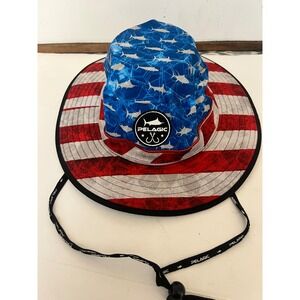 Pelagic Offshore Gear Sun Hat American Flag Shark Print Fishing Boonie Hat Blue